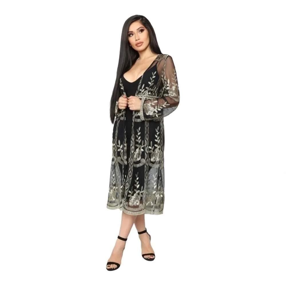 Haute Monde Kimono Duster Robe Jacket Women Size L Bronze Embroidery Boho Retro